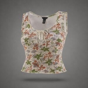 American Eagle‎ Floral Polka Dot Lace Up Corset Tank Top Green Rust Cream Medium